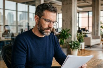 Homme actif portant des lunettes de vue à monture titane rectangulaire dans un bureau moderne contemporain