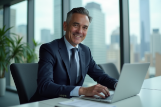 Homme en costume cravate travaillant sur son ordinateur dans un bureau moderne