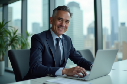 Homme en costume cravate travaillant sur son ordinateur dans un bureau moderne