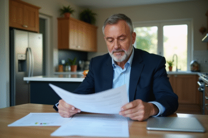 Homme d'affaires en costume examinant des papiers immobiliers