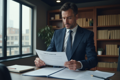 Homme d'affaires en costume bleu examine des documents juridiques