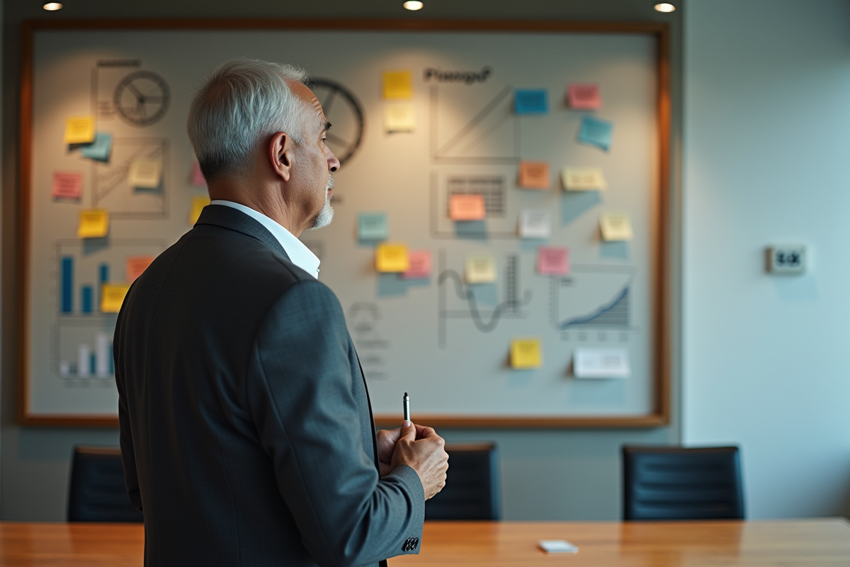 Homme en costume regarde des notes financières sur un mur