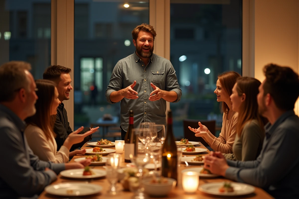 Homme racontant une blague animée à une tablée d'amis hilares lors d'un dîner convivial