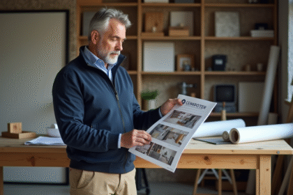 Homme d'âge moyen dans un bureau de chantier regardant un catalogue