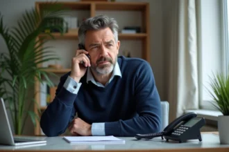 Homme d'âge moyen au bureau avec téléphone portable