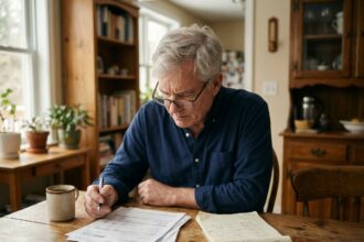 Homme de 58 ans consultant ses documents de planification retraite à une table en bois chez lui