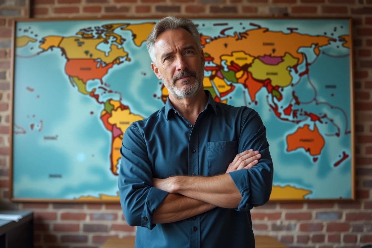 Homme adulte devant une carte du monde avec épingles sur les capitales en G dans un studio éducatif