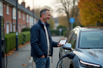 Homme devant une voiture hybride en station de recharge