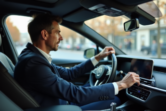 Homme d'âge moyen dans une voiture moderne en intérieur