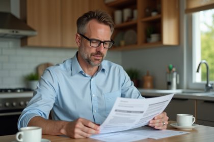 Homme d'âge moyen examinant des documents d'assurance voiture