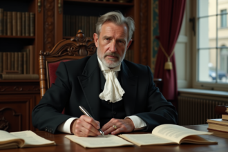 Homme d'âge moyen signant des papiers dans un bureau ancien