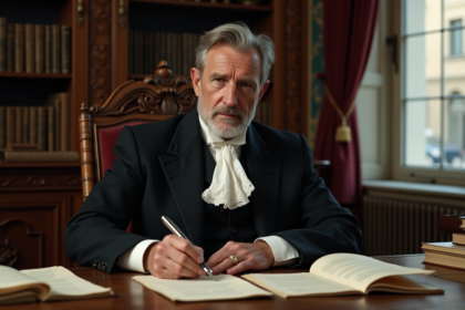 Homme d'âge moyen signant des papiers dans un bureau ancien