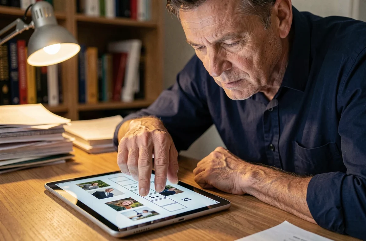 Homme concentré résolvant une énigme 4 Images 1 Mot à 9 lettres sur tablette