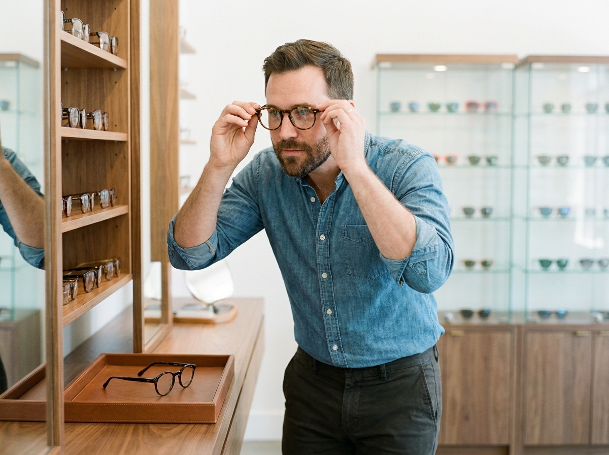 Homme essayant des lunettes de vue en acétate dans une boutique d'optique moderne avec présentation de montures variées