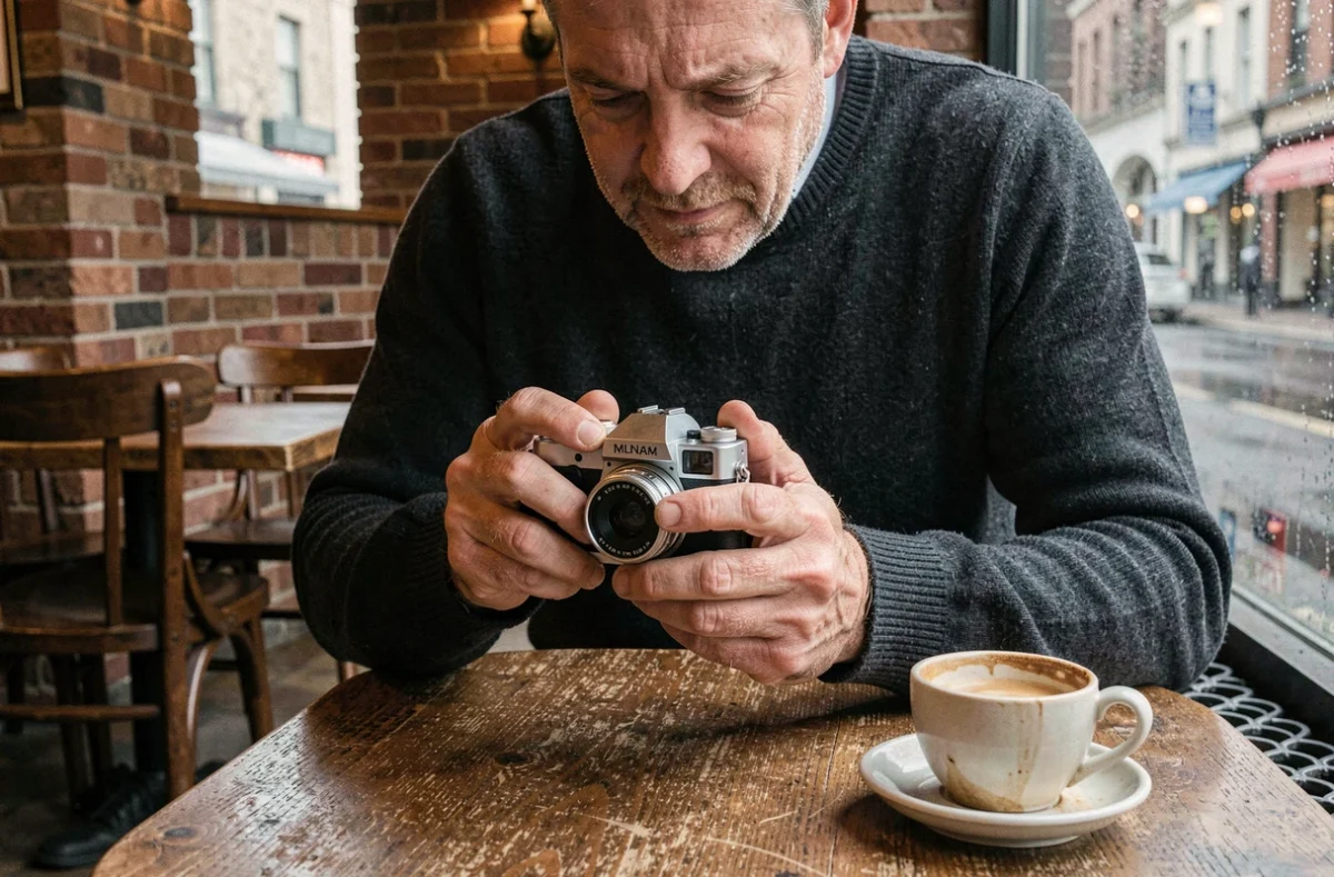Homme évaluant un appareil photo compact dans un café parisien avec une ambiance urbaine pluvieuse