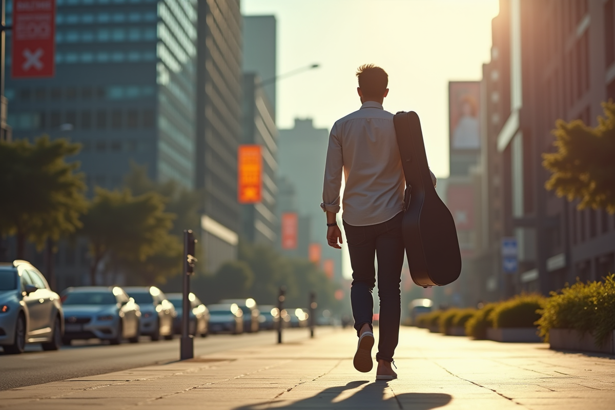 Homme confiant marchant avec une guitare en ville en après-midi
