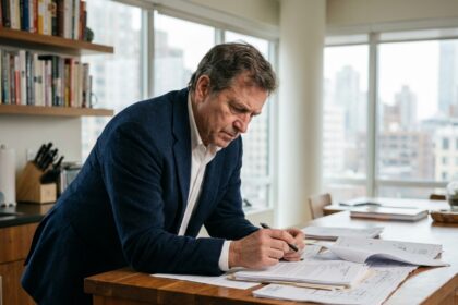 Homme d'âge moyen en blazer dans une cuisine moderne