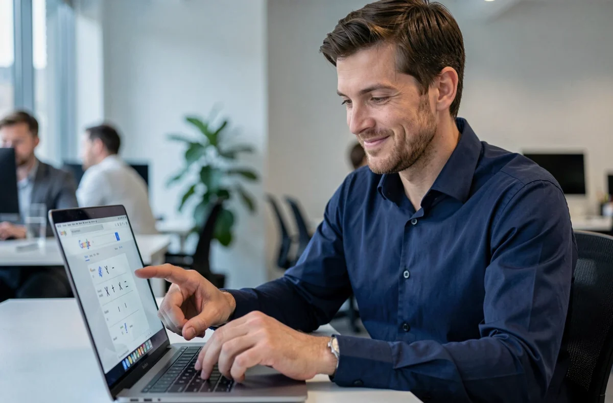 Homme jouant au morpion sur Google depuis un ordinateur portable dans un bureau moderne