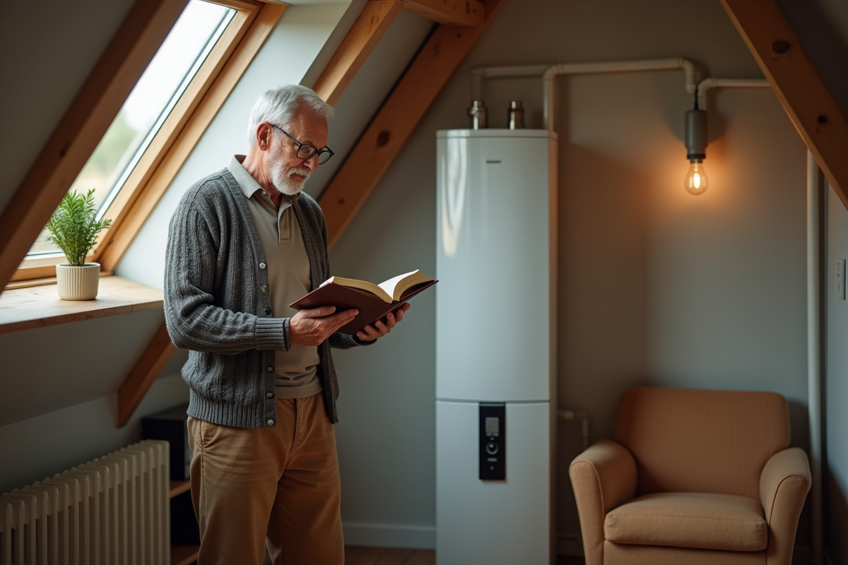 Homme âgé lisant près d’un radiateur en attic lumineux