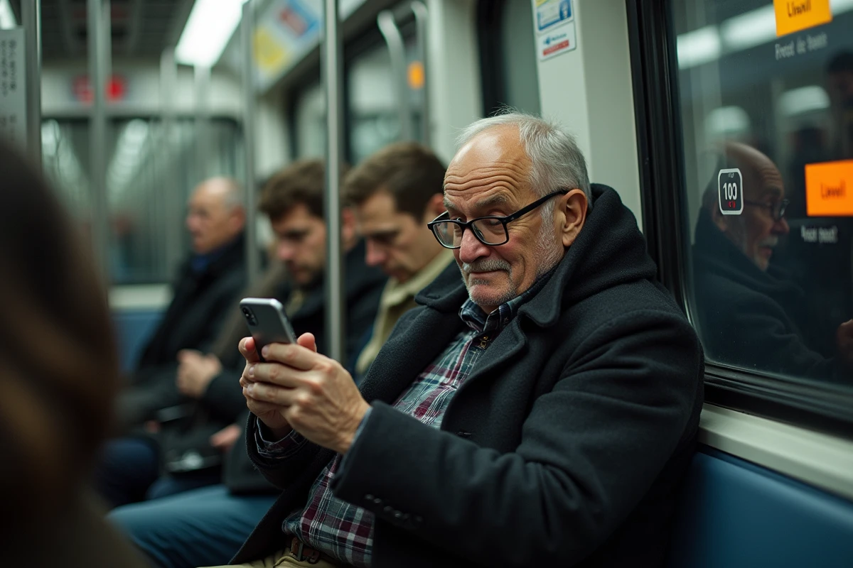 Homme âgé regardant la carte numérique dans le métro parisien