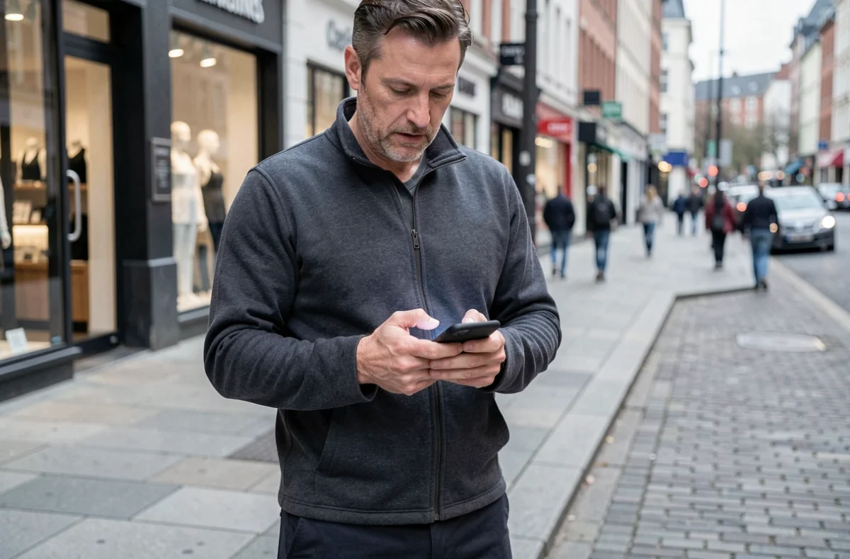 Homme consultant son smartphone en ville, navigation mobile pratique en extérieur