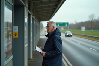 Homme d'âge moyen au péage français regardant le panneau de prix