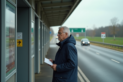 Homme d'âge moyen au péage français regardant le panneau de prix