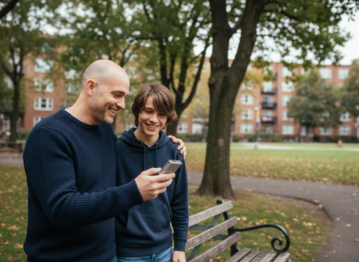 Homme montrant un dispositif rechargeable à un adolescent dans un parc