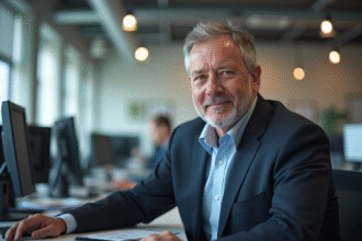 Homme d age dans une salle de presse lumineuse