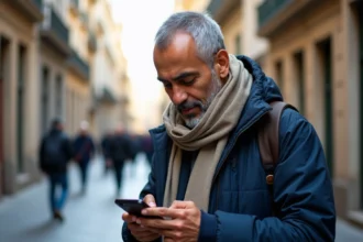 Homme nord-africain vérifiant l'heure de prière sur son smartphone dans la ville