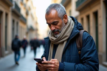 Homme nord-africain vérifiant l'heure de prière sur son smartphone dans la ville