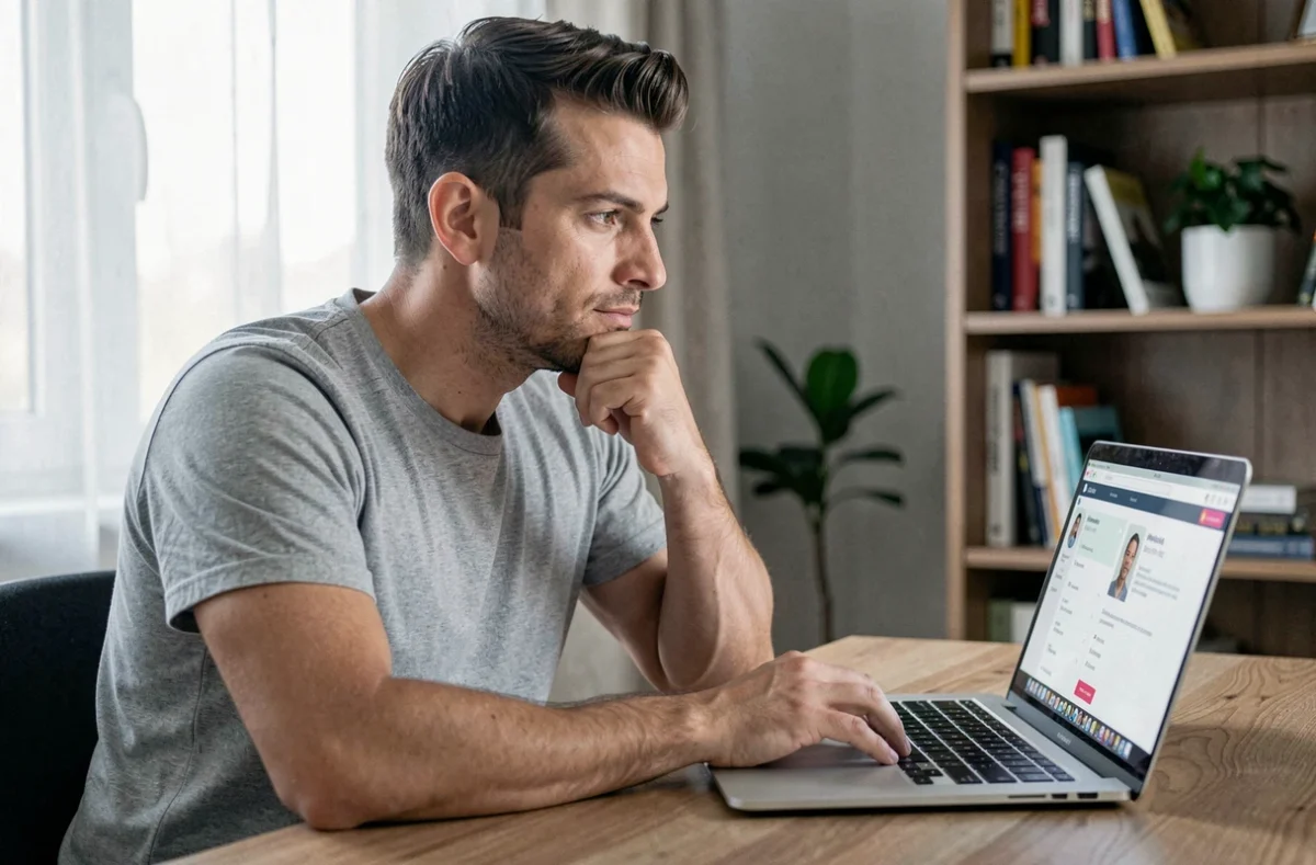 Homme créant un profil sur un site de rencontre sérieux depuis son bureau à domicile