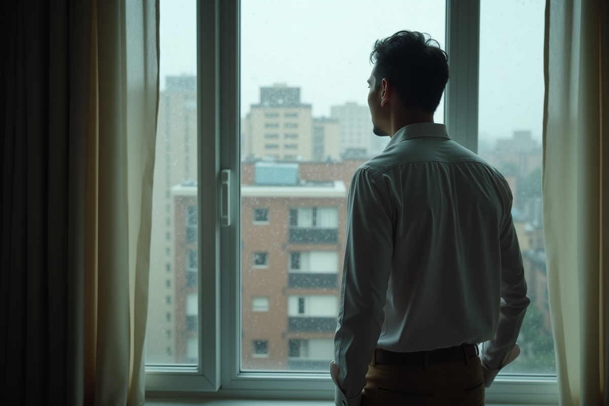 Homme regardant par une fenêtre pluvieuse dans un intérieur urbain