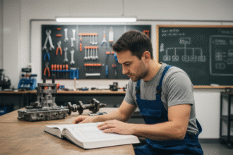 Homme en overalls bleu étudiant un manuel auto dans un garage