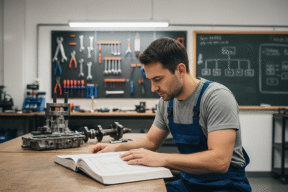 Homme en overalls bleu étudiant un manuel auto dans un garage