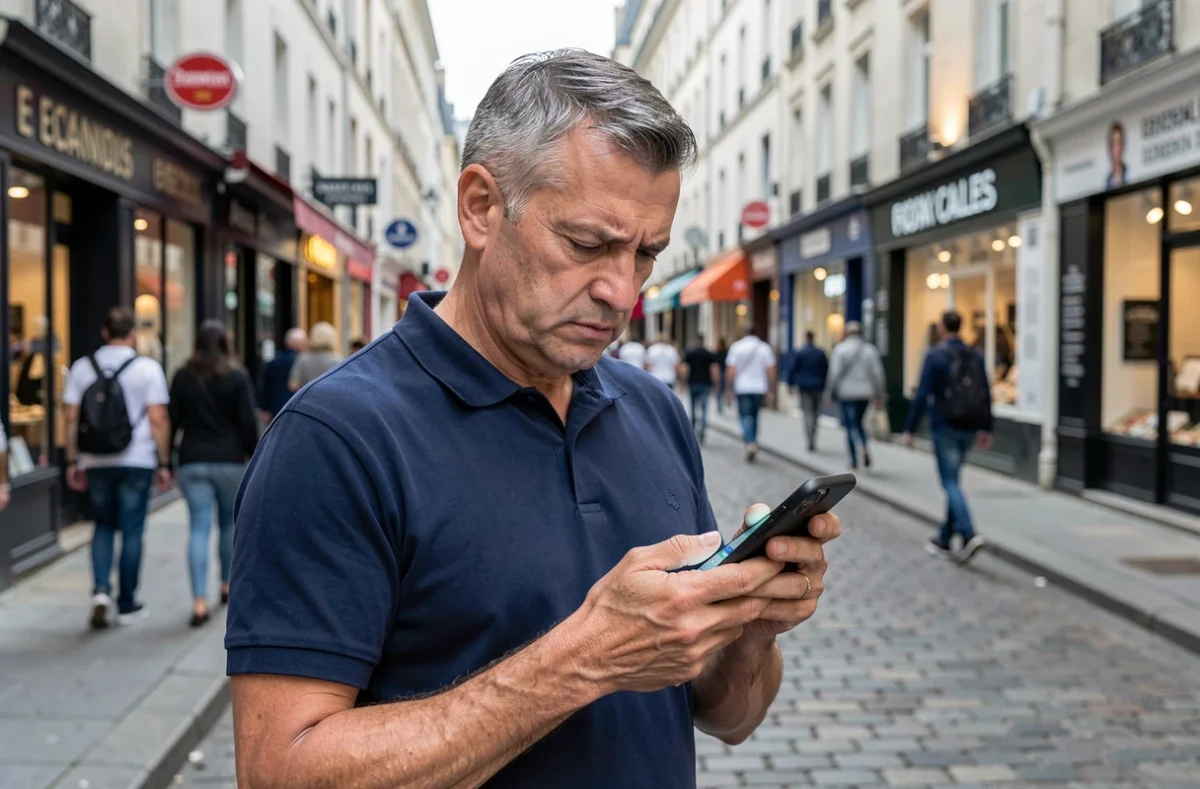 Homme en ville consultant son téléphone affichant un appel entrant d'un numéro 0262