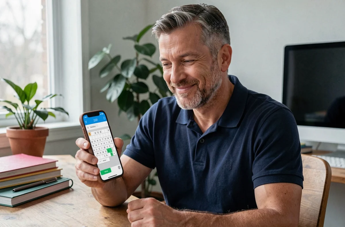 Homme souriant résolvant un mot de 9 lettres sur smartphone dans un bureau à domicile