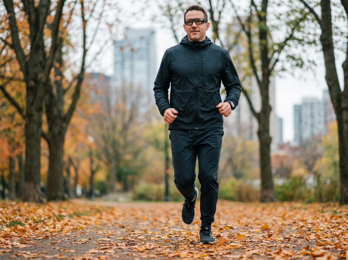 Homme sportif en train de courir avec des lunettes de vue sport à monture flexible sur un sentier urbain en automne