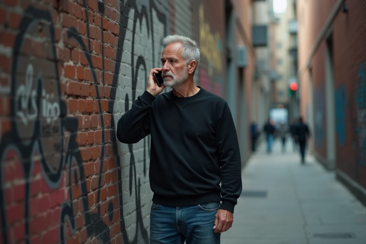 Homme dans une ruelle urbaine parlant au téléphone