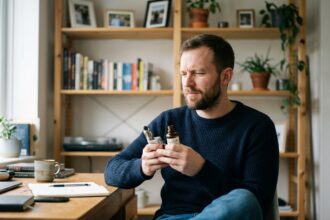 Homme en sweater navy inspectant un vape et eliquide