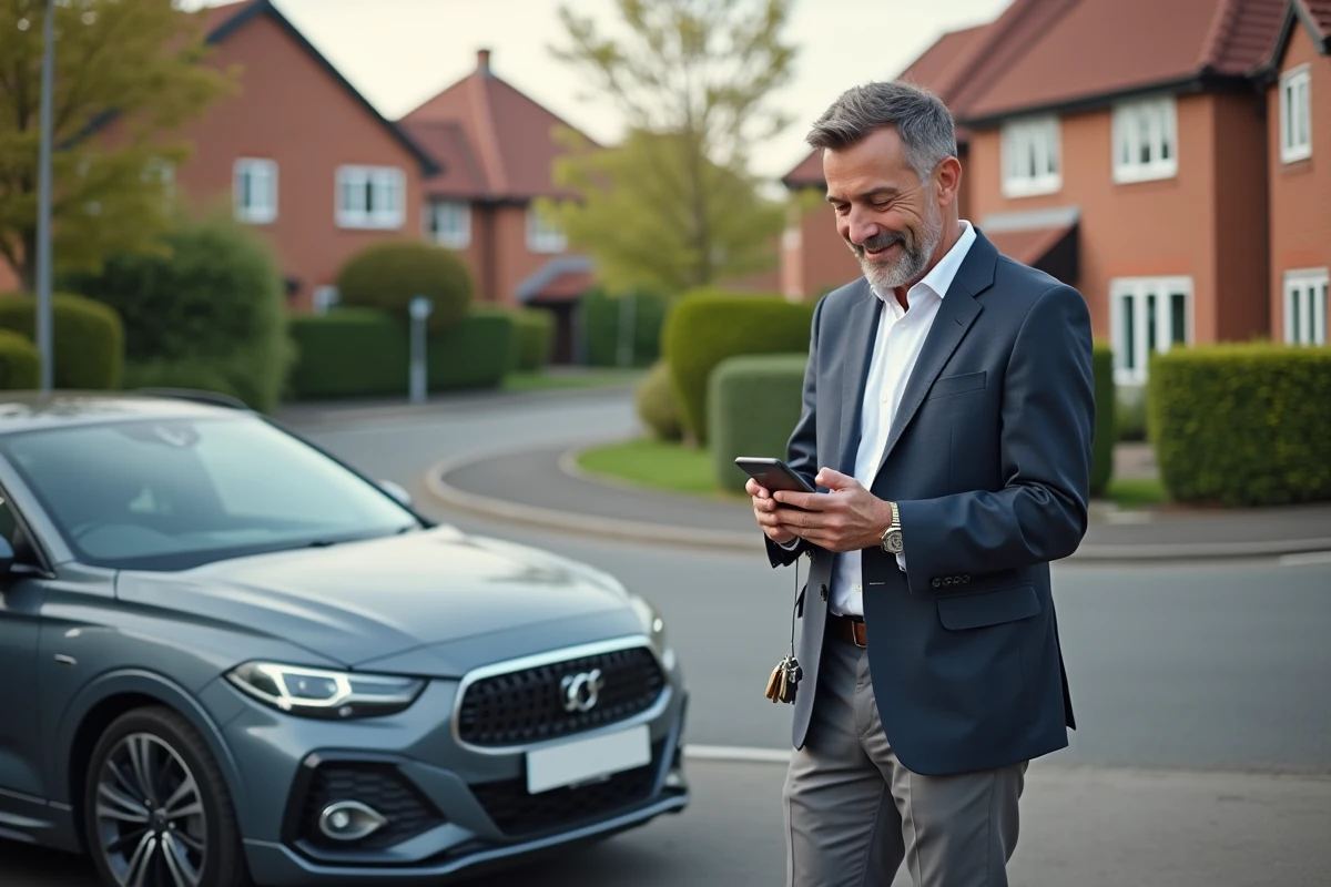 Homme vérifie assurance auto devant sa voiture dans la rue