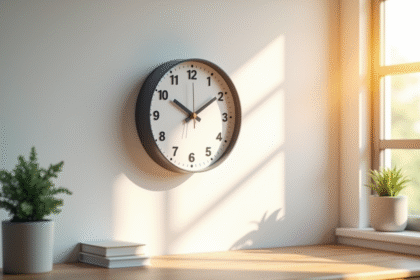 Horloge analogique matin sur un mur blanc avec lumière douce