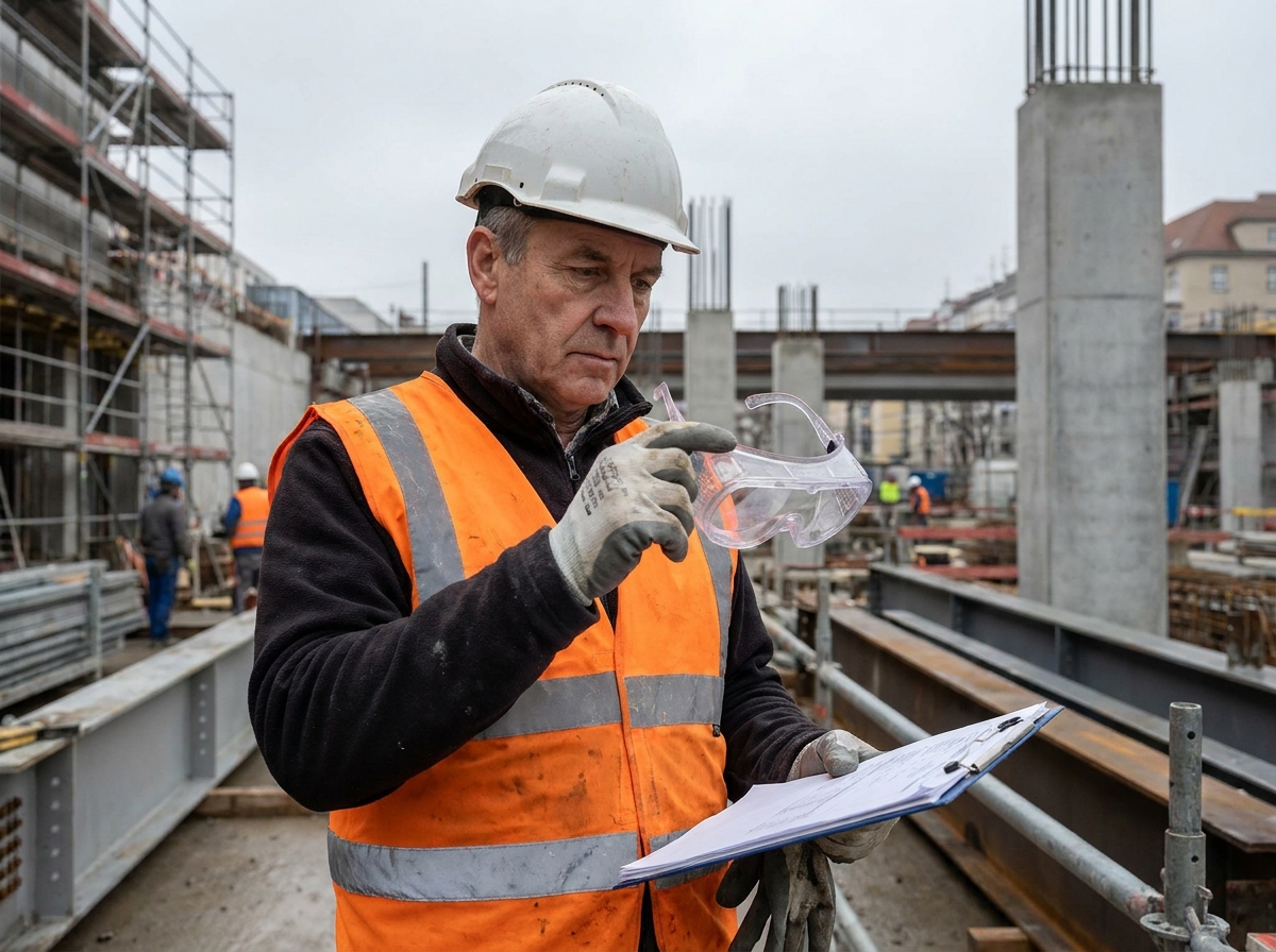 Inspecteur de sécurité examinant des lunettes de protection conformes à la directive européenne sur un chantier