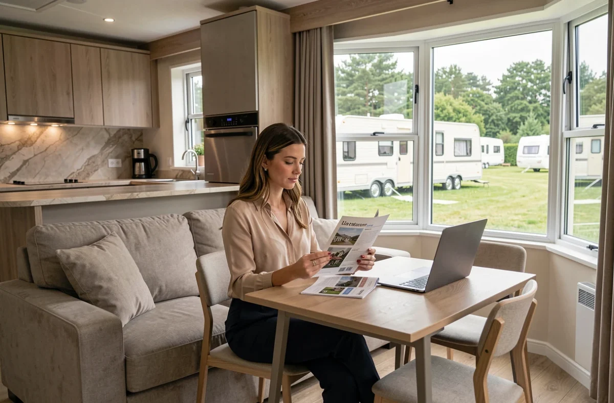 Intérieur moderne d'un mobil-home haut de gamme avec une femme consultant des brochures de marques pour un investissement en camping