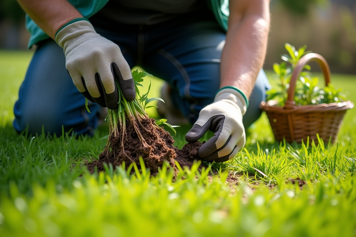 Jardinier en gants arrachant des mauvaises herbes à la main dans le gazon
