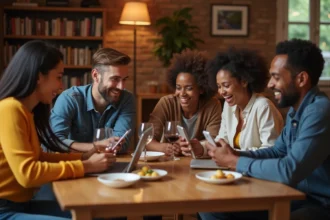 Groupe d'amis jouant au jeu du demi-cercle en ligne autour d'une table lors d'un apéro convivial