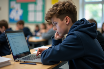 Adolescent en hoodie bleu utilisant un ordinateur scolaire