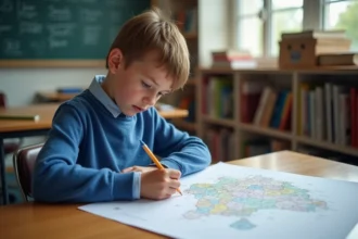 Jeune garçon dessinant une carte de France en classe