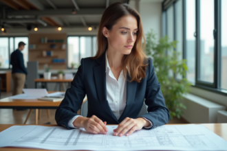 Jeune femme en bureau étudiant des plans architecturaux