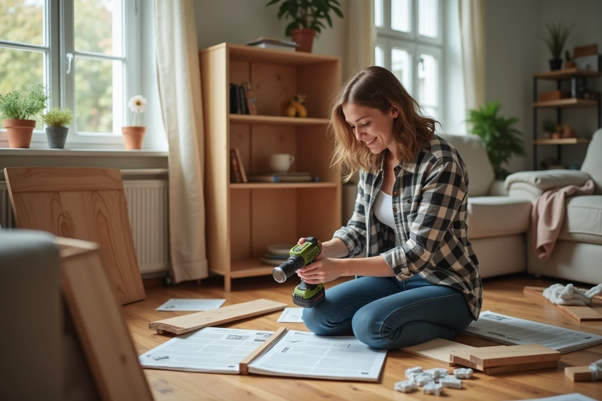Jeune femme assemblant une étagère en bois dans le salon